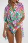 Multicolor plant print button-up half sleeve beach cover up - one size / 100% polyester - cover-ups