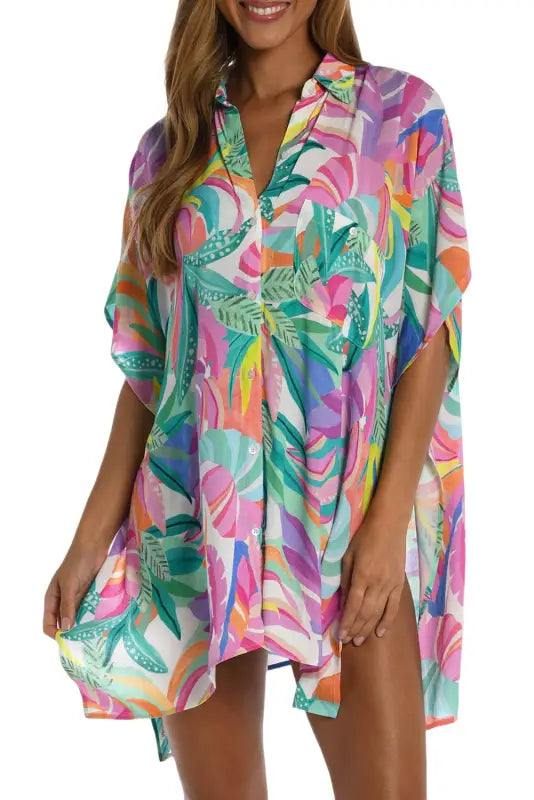 Multicolor plant print button-up half sleeve beach cover up - one size / 100% polyester - cover-ups