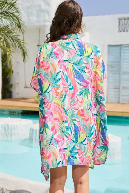 Multicolor plant print button-up half sleeve beach cover up - one size / 100% polyester - cover-ups