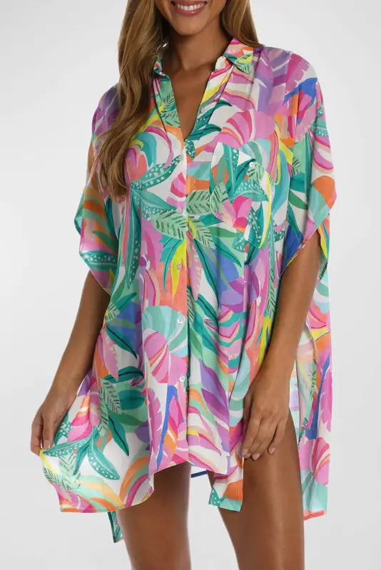 Multicolor plant print button-up half sleeve beach cover up - one size / 100% polyester - cover-ups