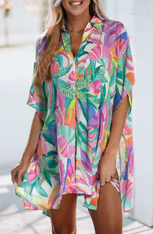 Multicolor plant print button-up half sleeve beach cover up - one size / 100% polyester - cover-ups