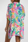 Multicolor plant print button-up half sleeve beach cover up - one size / 100% polyester - cover-ups