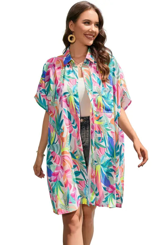 Multicolor plant print button-up half sleeve beach cover up - one size / 100% polyester - cover-ups