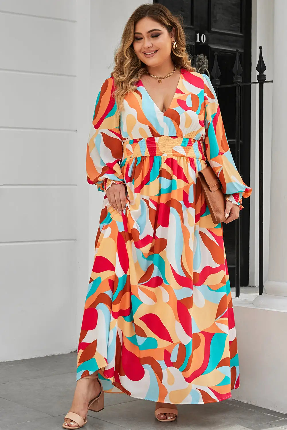 Multicolor plus size abstract printed bishop sleeve maxi dress - 1x / 100% polyester
