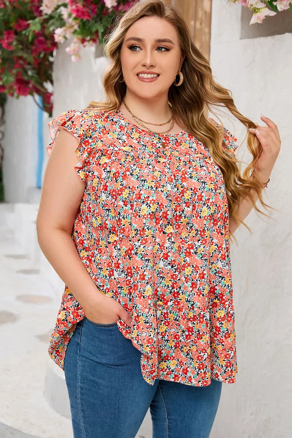 Multicolor plus size boho floral print ruffle tiered top