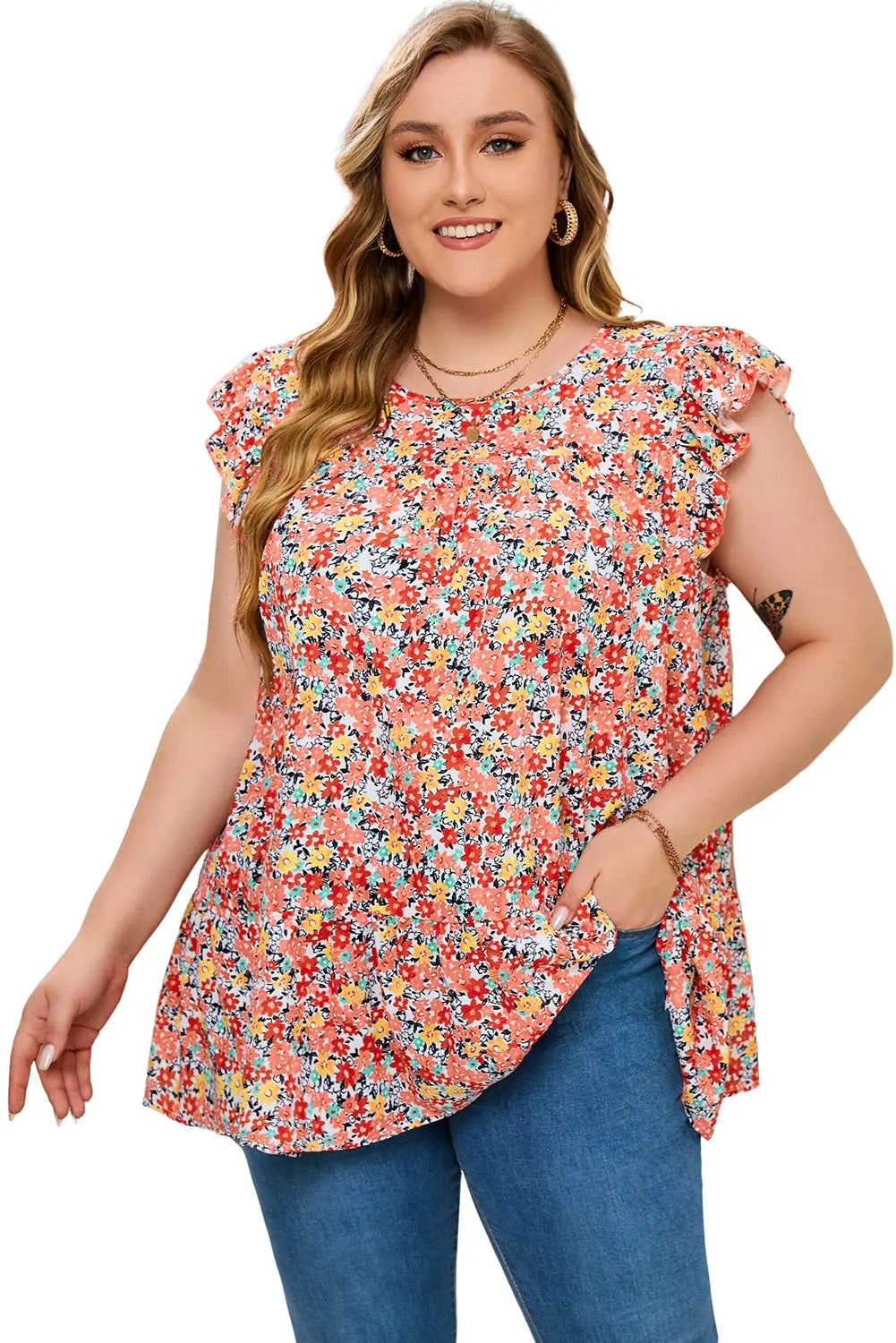 Multicolor plus size boho floral print ruffle tiered top