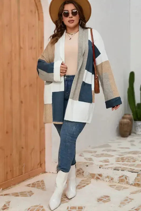 Multicolor Plus Size Colorblock Knit Cardigan - Fashionfitz
