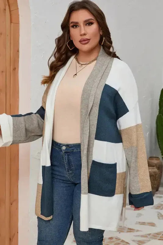 Multicolor Plus Size Colorblock Knit Cardigan - Fashionfitz
