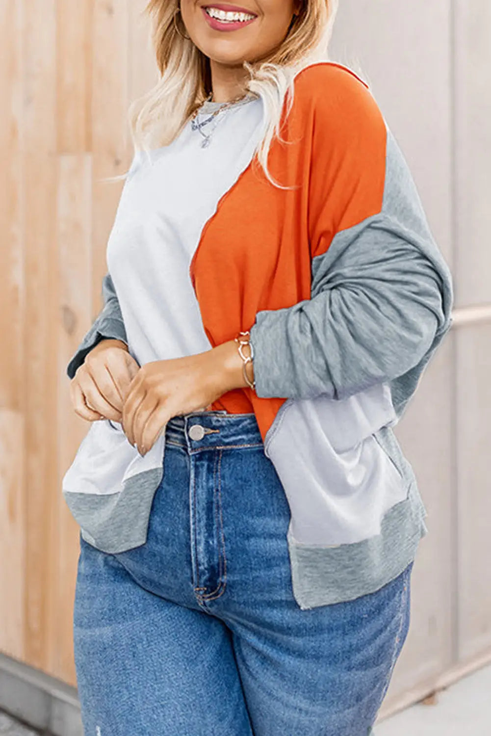 Multicolor plus size colorblock seamed drop shoulder sweatshirt - 1x / 95% polyester + 5% elastane