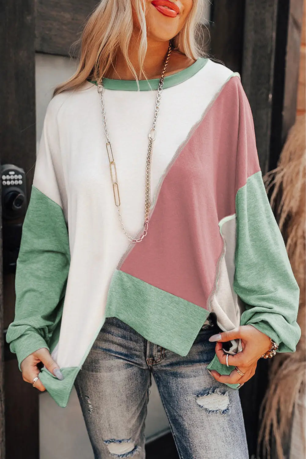 Multicolor plus size colorblock seamed drop shoulder sweatshirt - rose pink / s / 95% polyester + 5% elastane