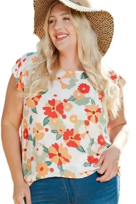 Multicolor Plus Size Floral Flutter Ruffle Sleeves Blouse - Fashionfitz