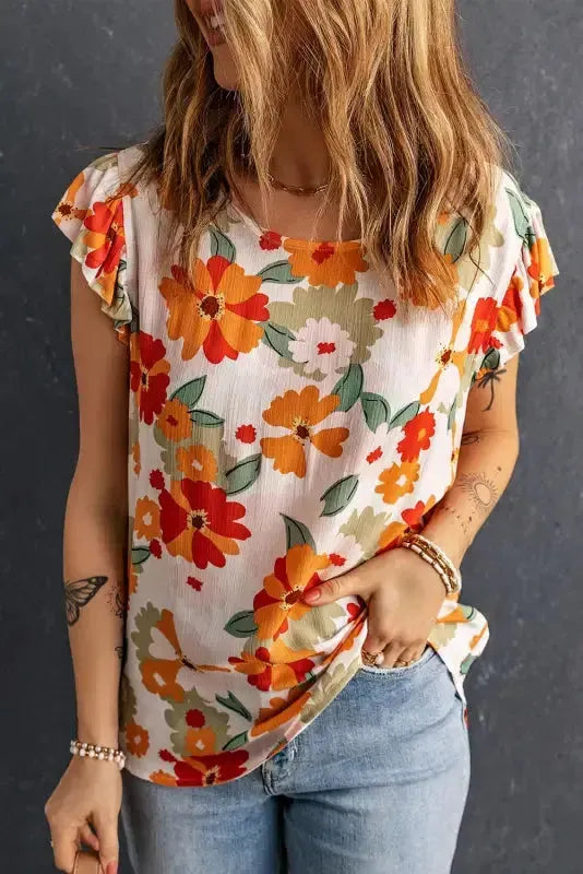 Multicolor Plus Size Floral Flutter Ruffle Sleeves Blouse - Fashionfitz