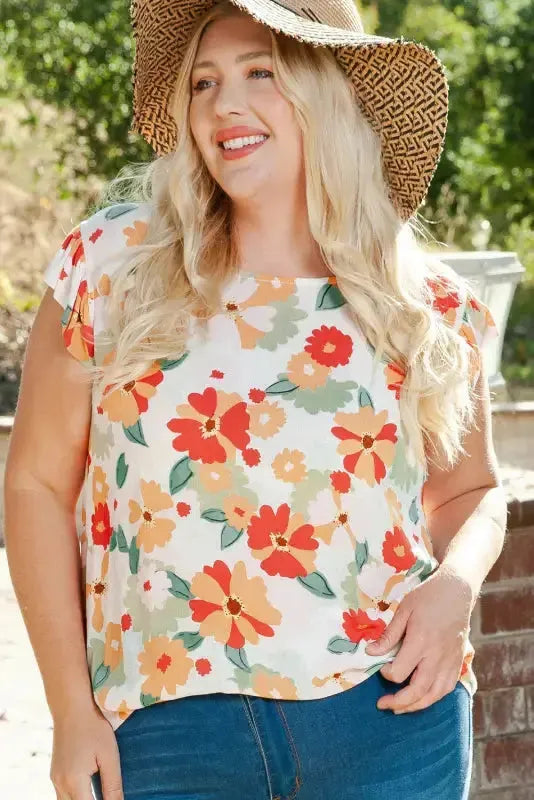 Multicolor Plus Size Floral Flutter Ruffle Sleeves Blouse - Fashionfitz
