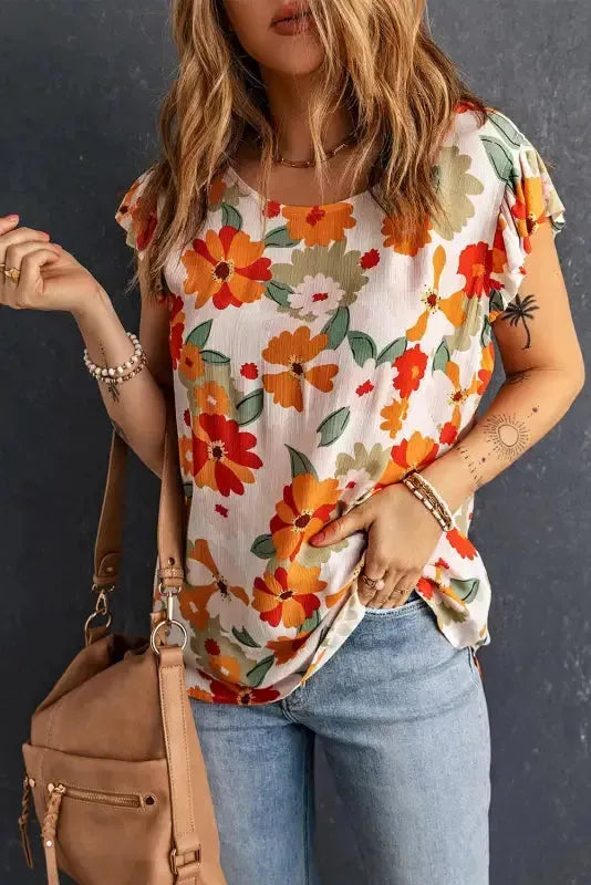 Multicolor Plus Size Floral Flutter Ruffle Sleeves Blouse - Fashionfitz