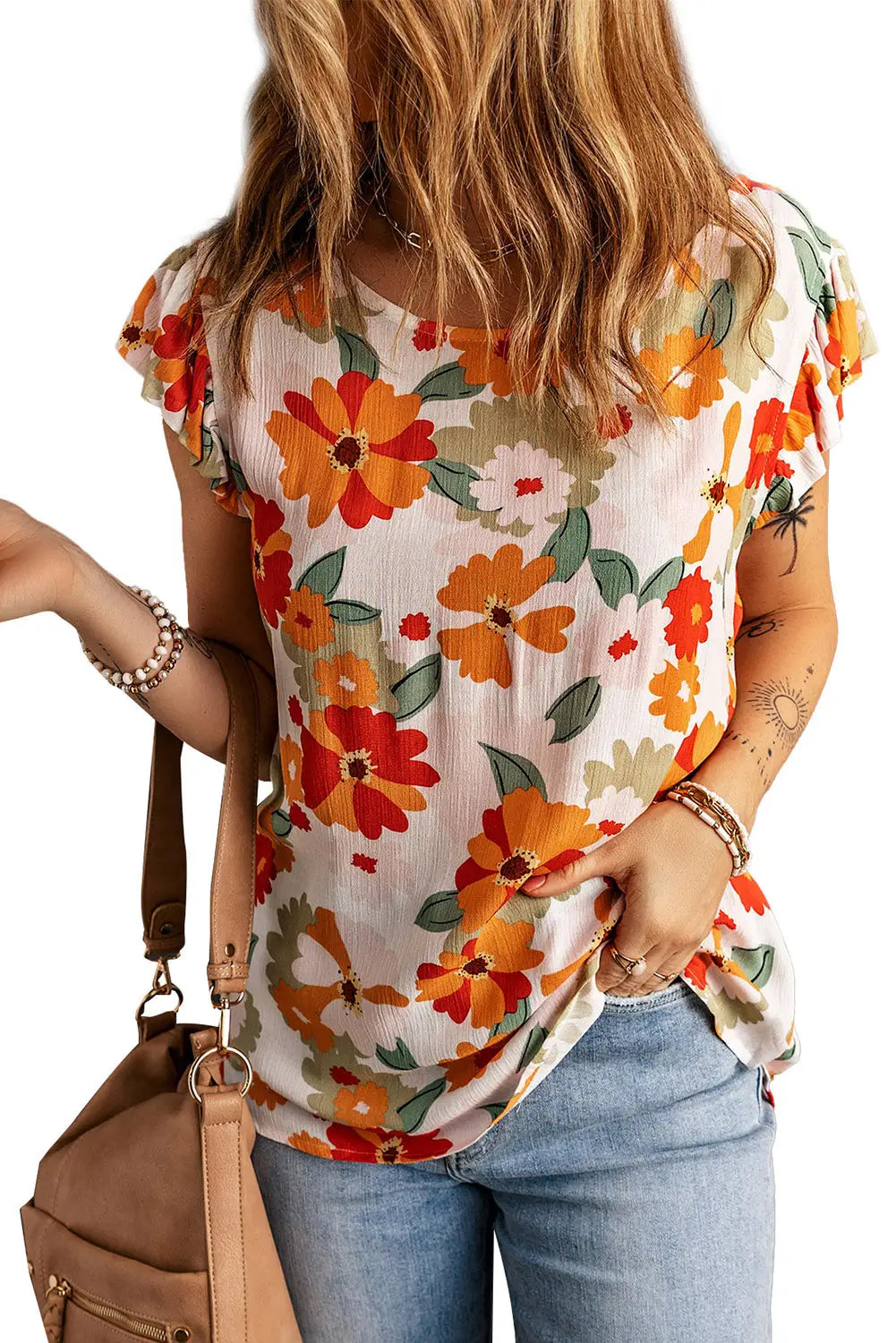 Multicolor plus size floral flutter ruffle sleeves blouse