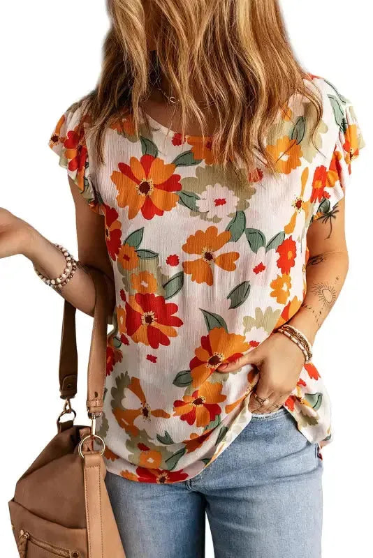Multicolor Plus Size Floral Flutter Ruffle Sleeves Blouse - Fashionfitz