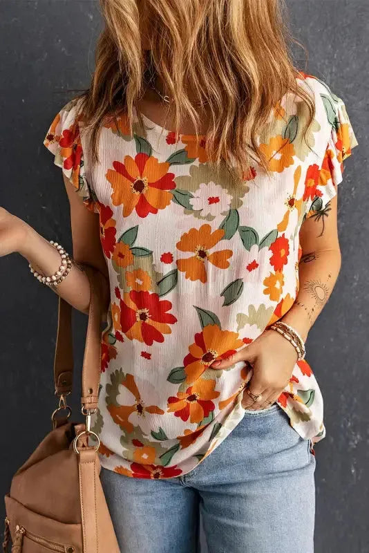 Multicolor Plus Size Floral Flutter Ruffle Sleeves Blouse - Fashionfitz