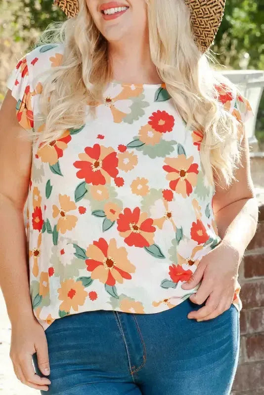Multicolor Plus Size Floral Flutter Ruffle Sleeves Blouse - Fashionfitz