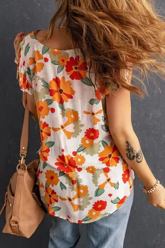 Multicolor Plus Size Floral Flutter Ruffle Sleeves Blouse - Fashionfitz