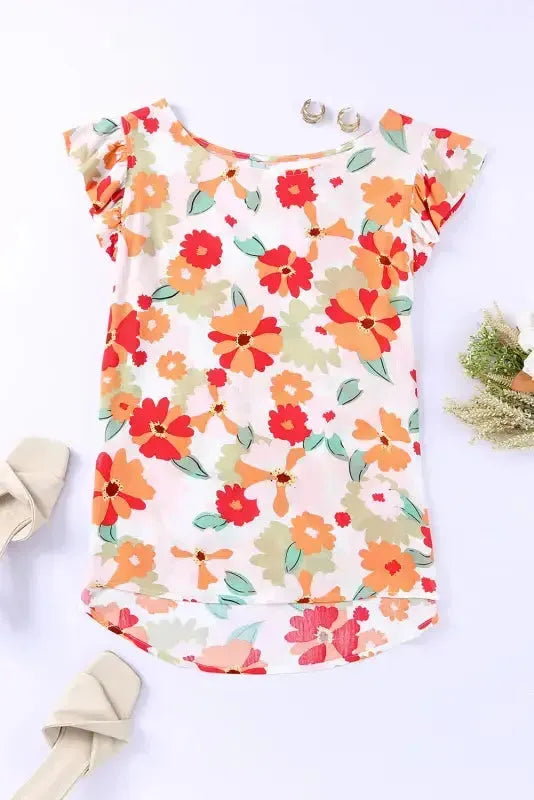 Multicolor Plus Size Floral Flutter Ruffle Sleeves Blouse - Fashionfitz