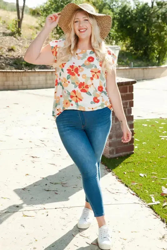 Multicolor Plus Size Floral Flutter Ruffle Sleeves Blouse - Fashionfitz