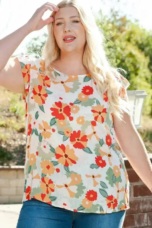Multicolor Plus Size Floral Flutter Ruffle Sleeves Blouse - Fashionfitz