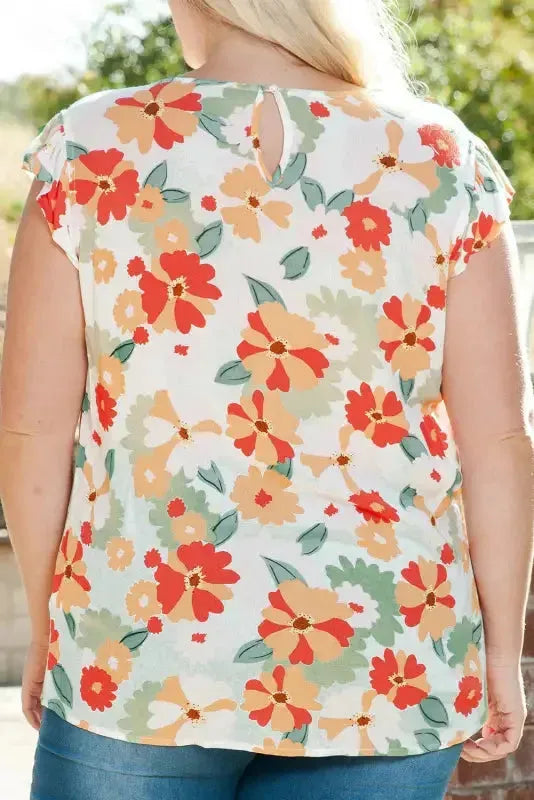 Multicolor Plus Size Floral Flutter Ruffle Sleeves Blouse - Fashionfitz