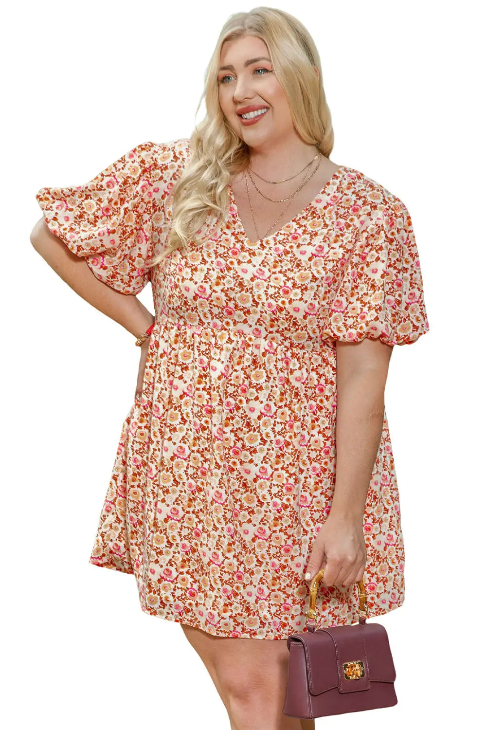 Multicolor plus size floral print puff sleeves dress
