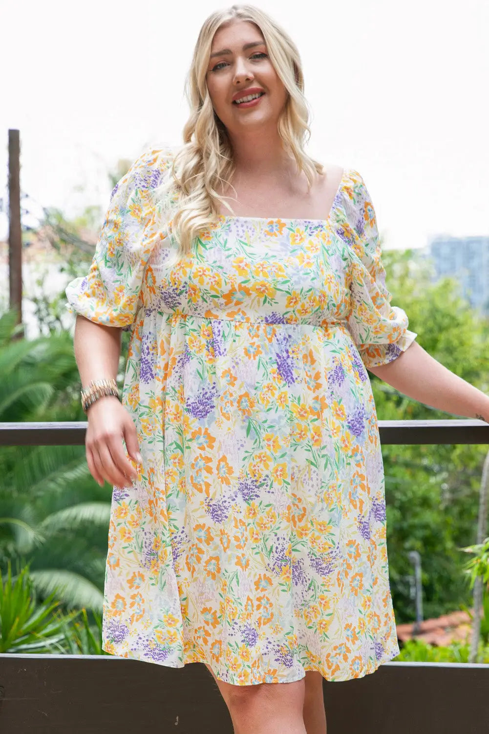 Multicolor plus size floral print ruffle bubble sleeve babydoll dress - 1x / 97% polyester + 3% elastane