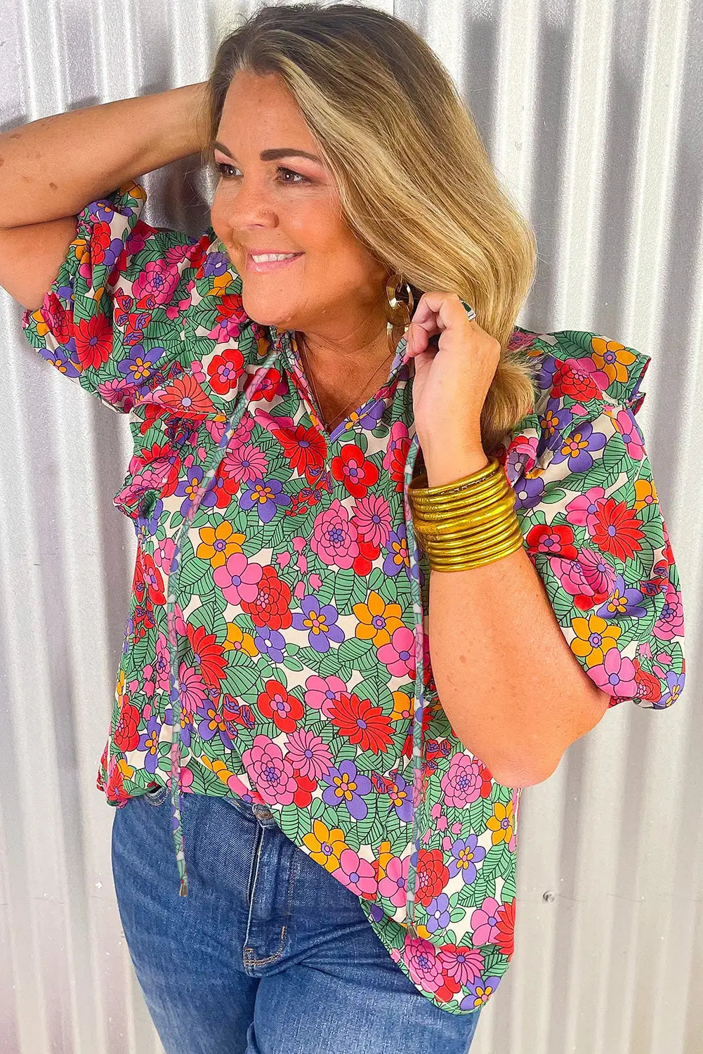 Multicolor plus size floral print ruffle v neck bubble sleeve blouse
