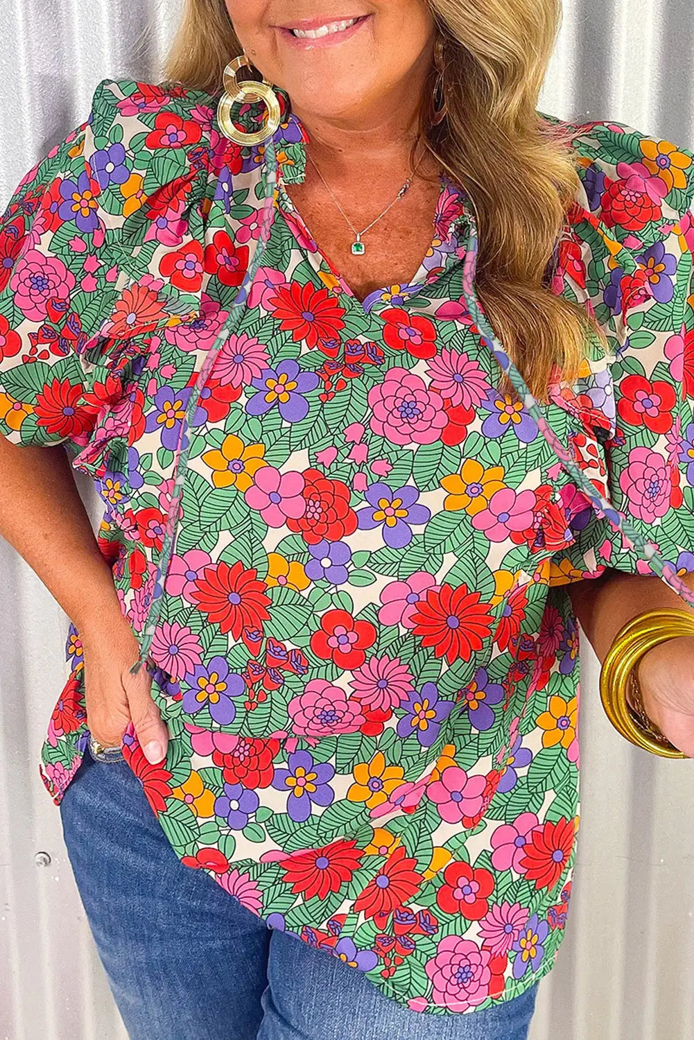 Multicolor plus size floral print ruffle v neck bubble sleeve blouse - multicolour / 1x / 100% polyester