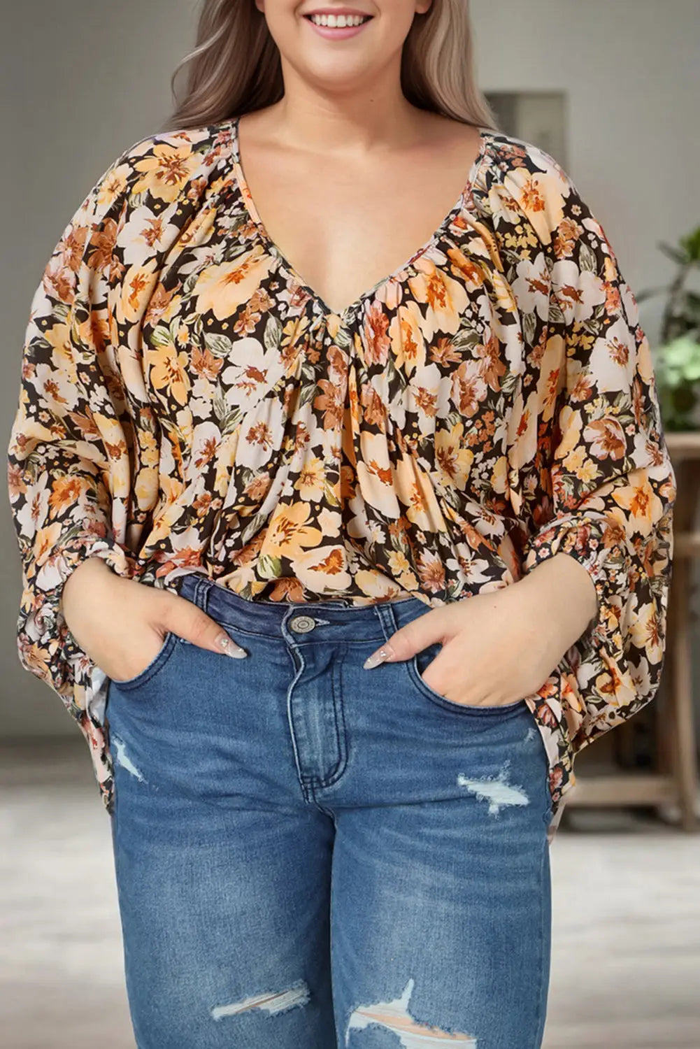 Multicolor plus size floral v-neck long sleeve blouse