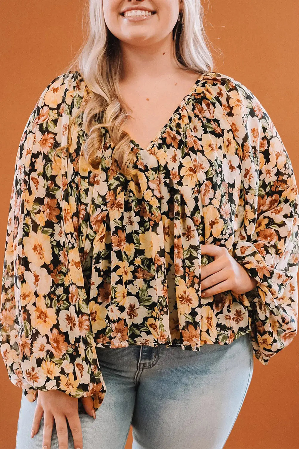 Multicolor plus size floral v-neck long sleeve blouse - 1x / 100% polyester