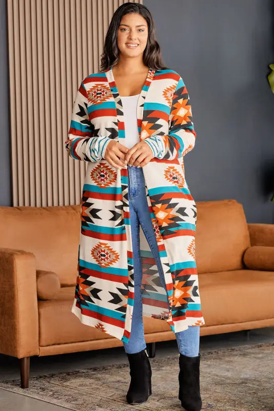 Multicolor plus size geometric print open front long cardigan - sweaters & cardigans