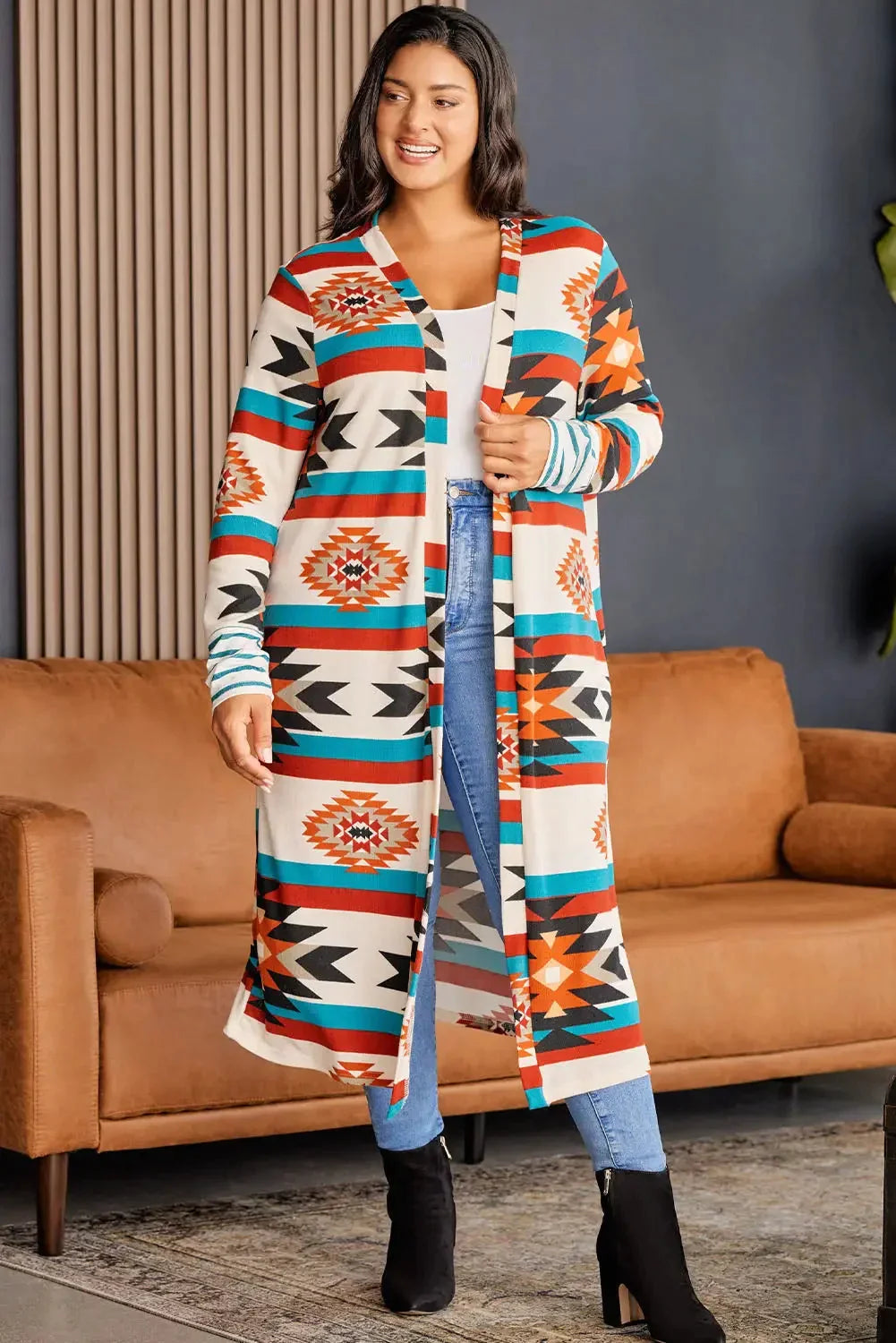 Multicolor plus size geometric print open front long cardigan - 1x / 95% polyester + 5% elastane - sweaters & cardigans