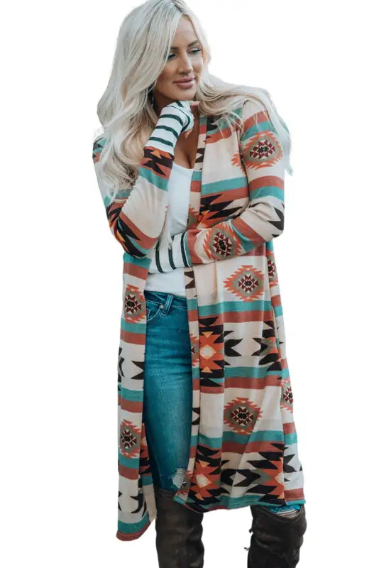 Multicolor plus size geometric print open front long cardigan - sweaters & cardigans