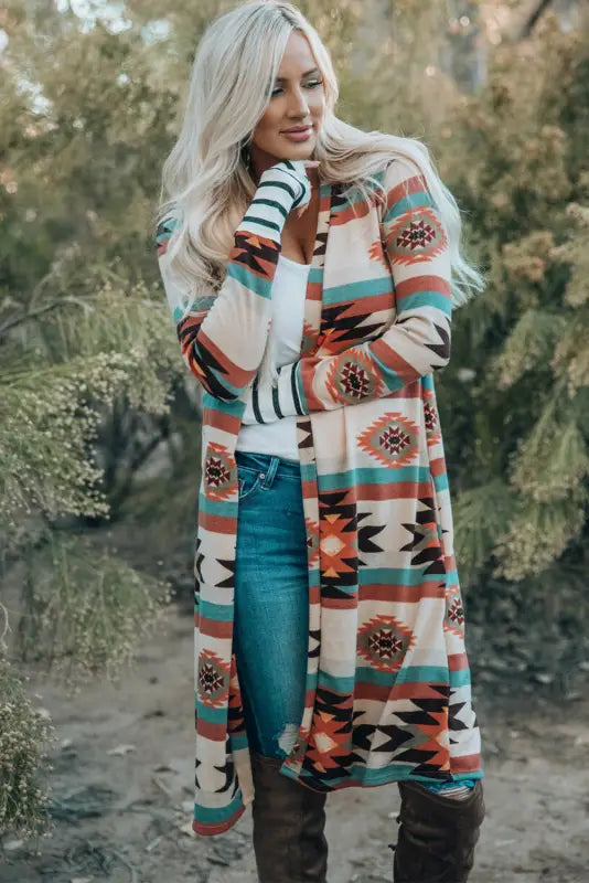 Multicolor plus size geometric print open front long cardigan - sweaters & cardigans