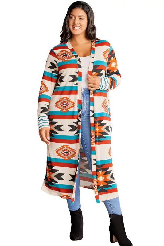 Multicolor plus size geometric print open front long cardigan - sweaters & cardigans