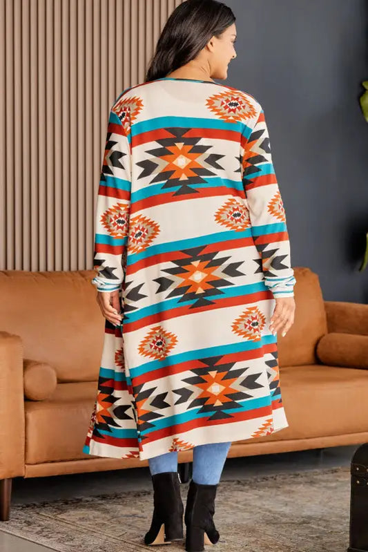 Multicolor plus size geometric print open front long cardigan - sweaters & cardigans