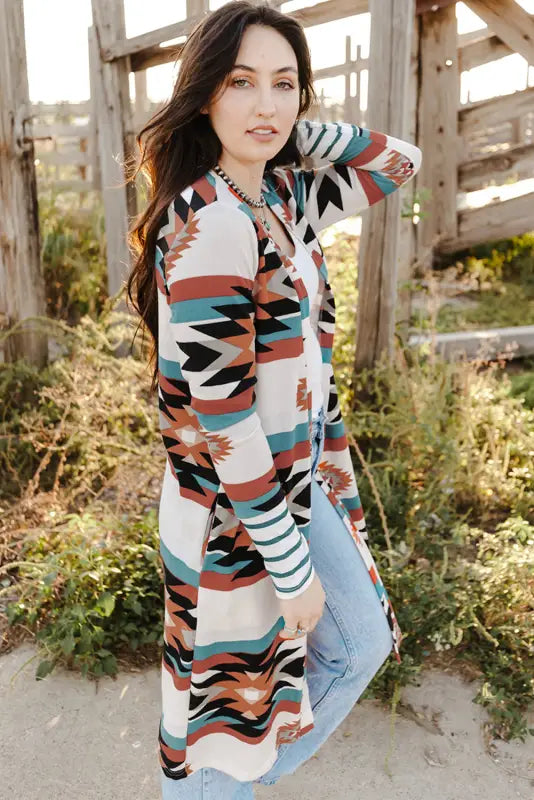 Multicolor plus size geometric print open front long cardigan - sweaters & cardigans