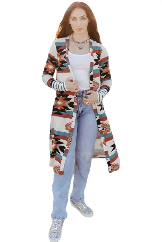 Multicolor plus size geometric print open front long cardigan - sweaters & cardigans