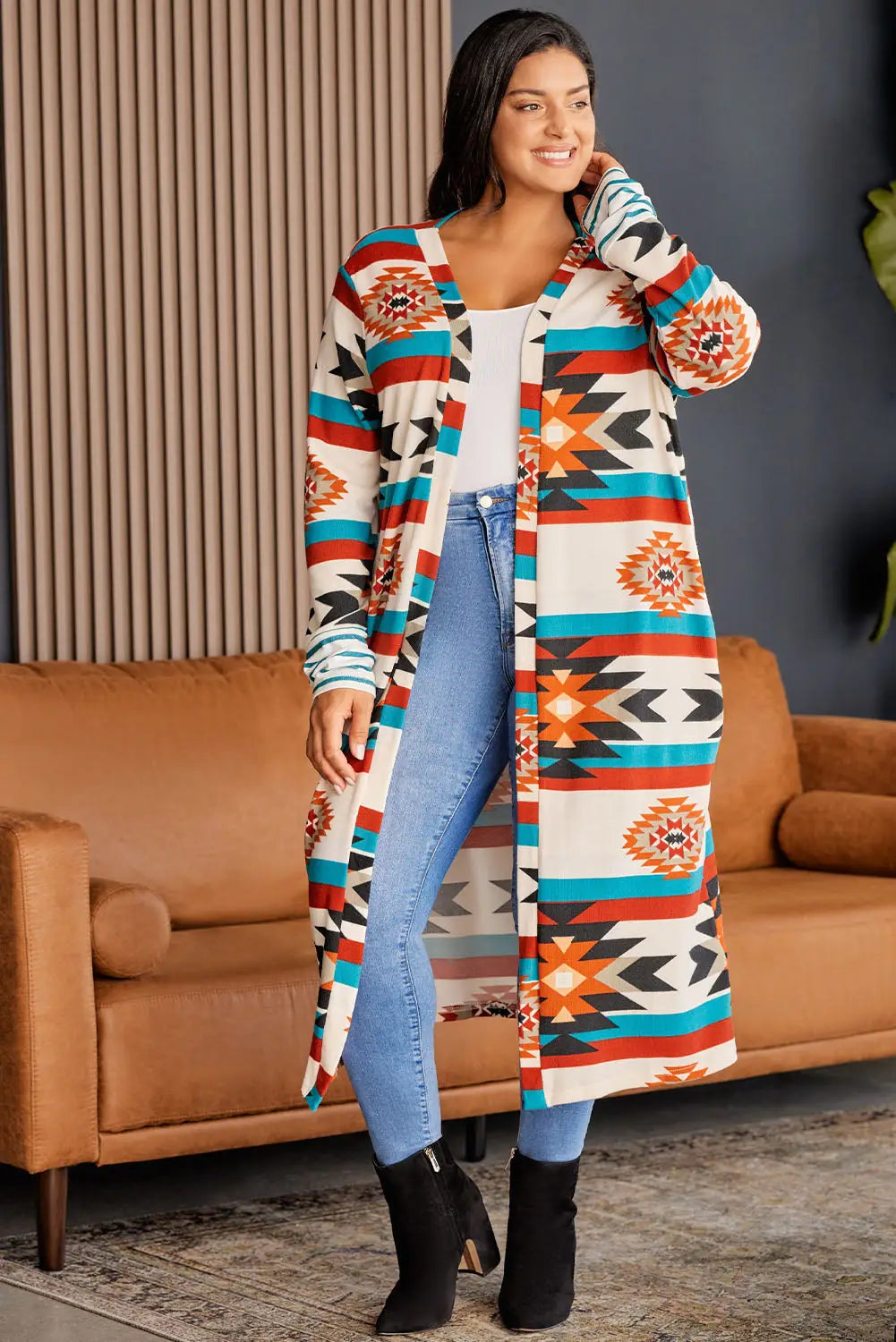 Multicolor plus size geometric print open front long cardigan - sweaters & cardigans
