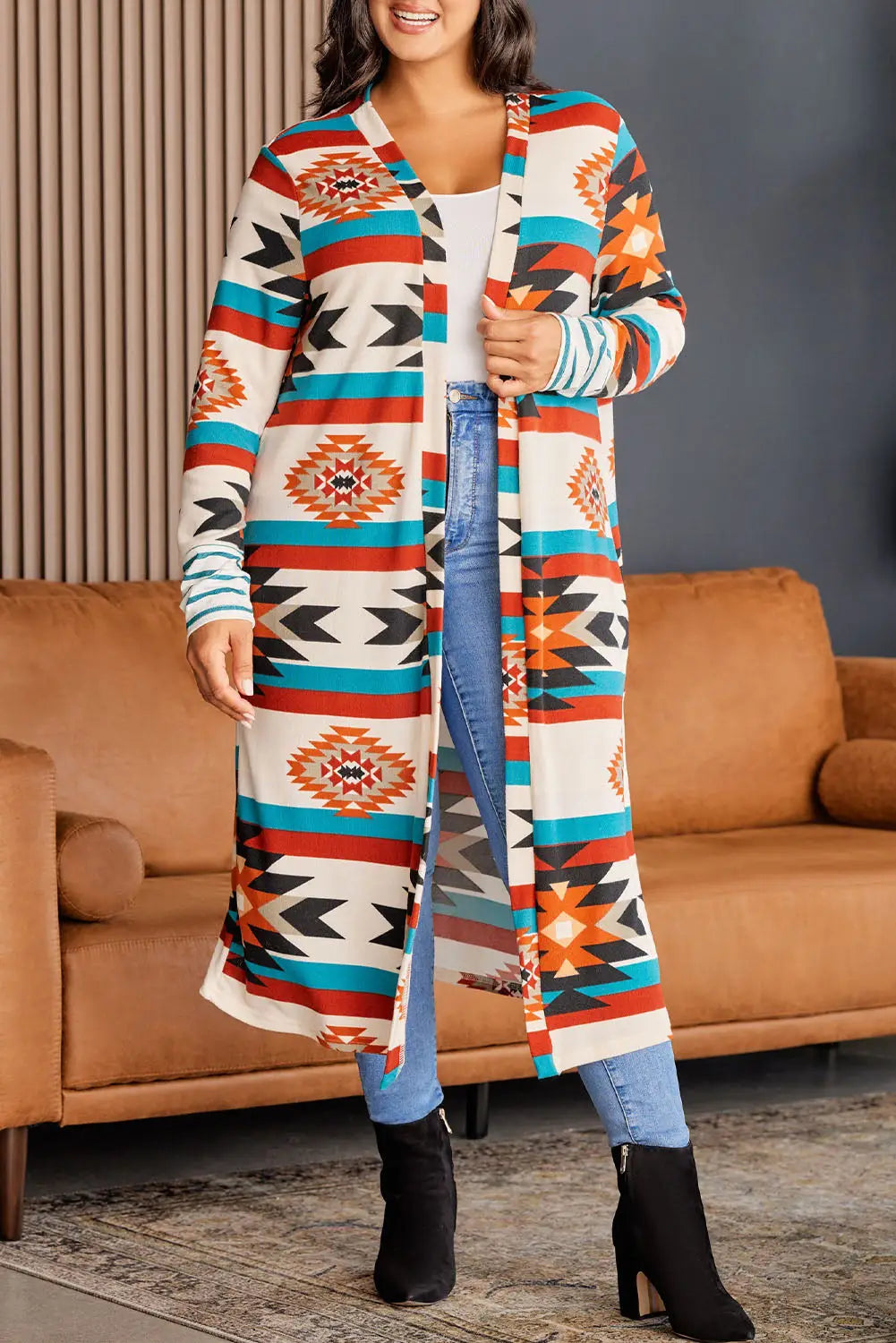Multicolor plus size geometric print open front long cardigan - sweaters & cardigans