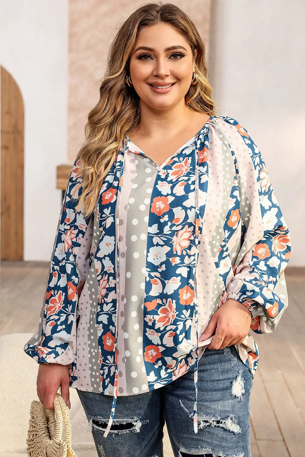 Multicolor plus size mixed print split neck blouse - 1x / 100% polyester