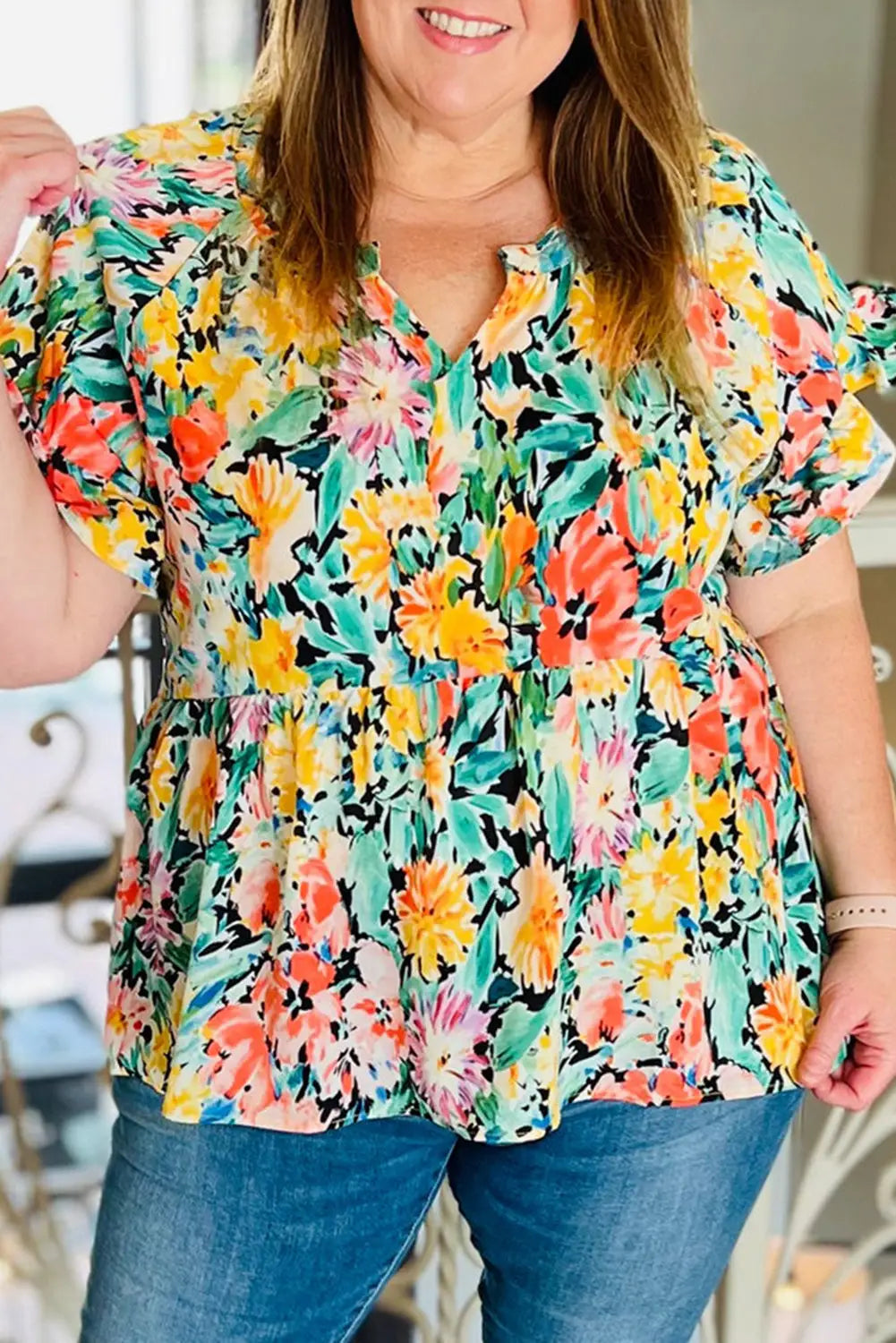Multicolor plus size ruffled short sleeve floral blouse - 1x / 95% polyester + 5% elastane