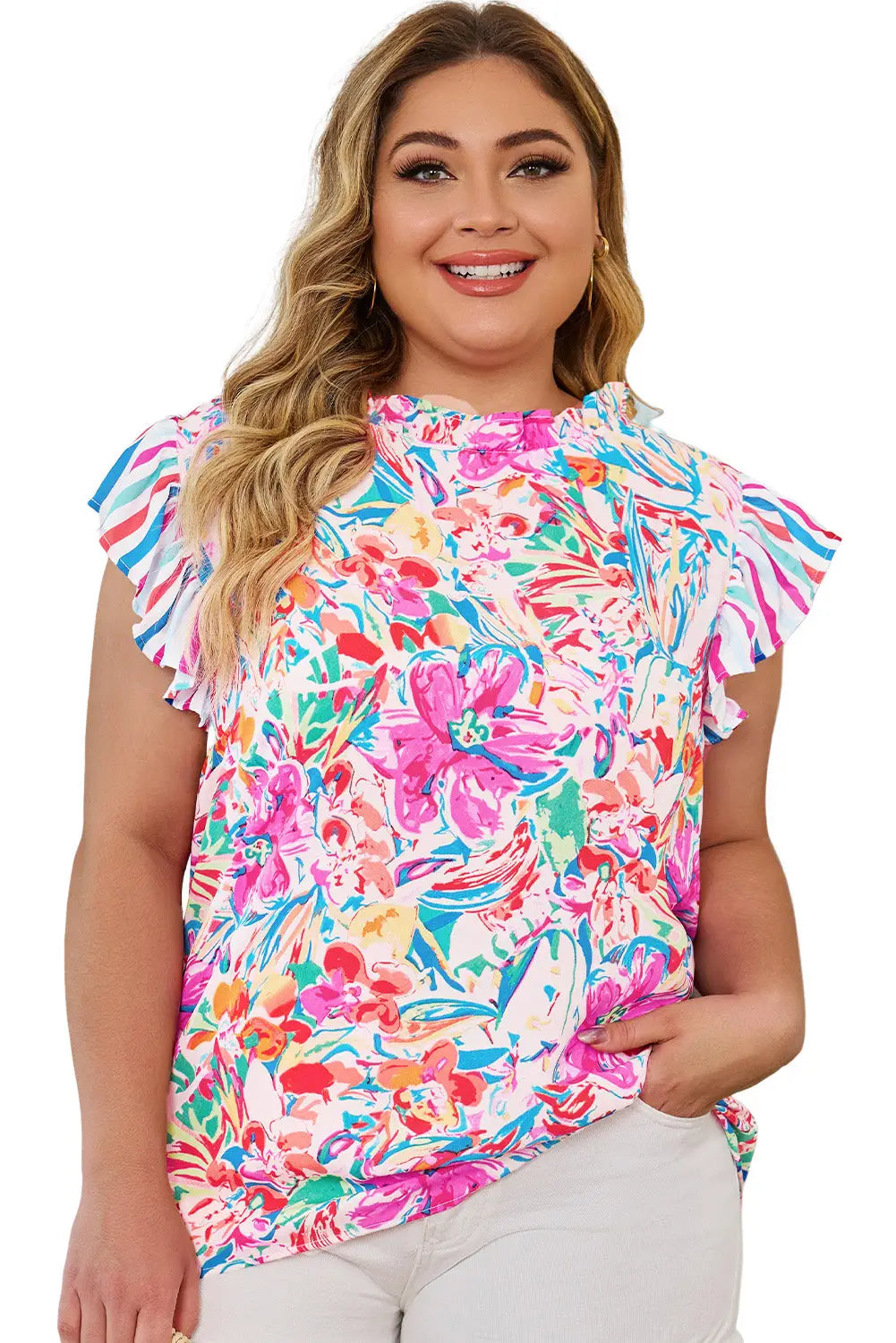 Multicolor plus sizie striped ruffle sleeve floral blouse - size