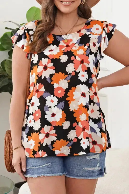 Multicolor Ruffle Sleeve Floral Plus Size Top - Fashionfitz