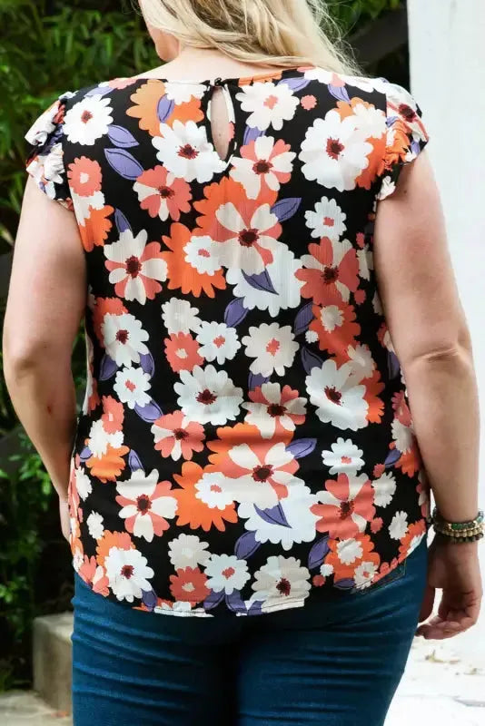 Multicolor Ruffle Sleeve Floral Plus Size Top - Fashionfitz