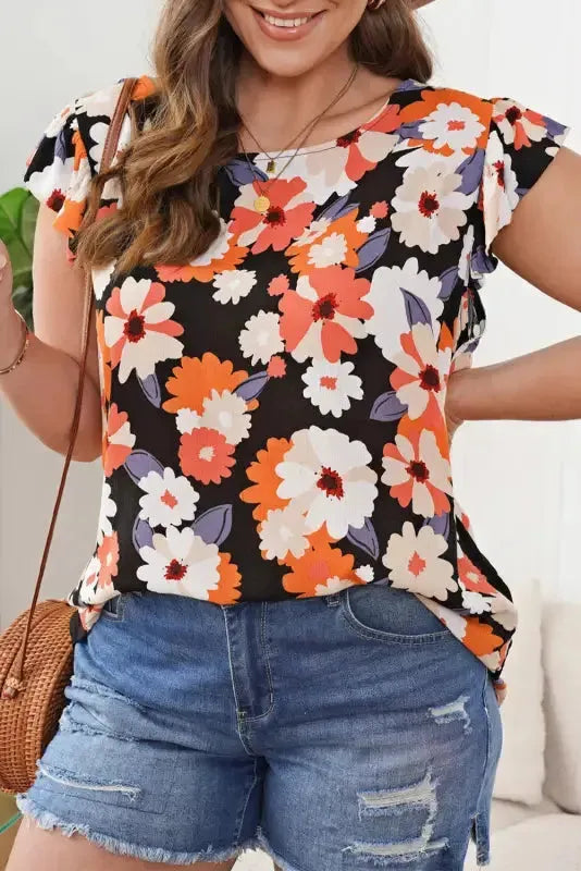 Multicolor Ruffle Sleeve Floral Plus Size Top - Fashionfitz