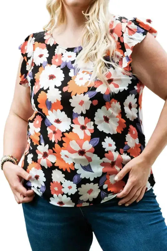 Multicolor Ruffle Sleeve Floral Plus Size Top - Fashionfitz